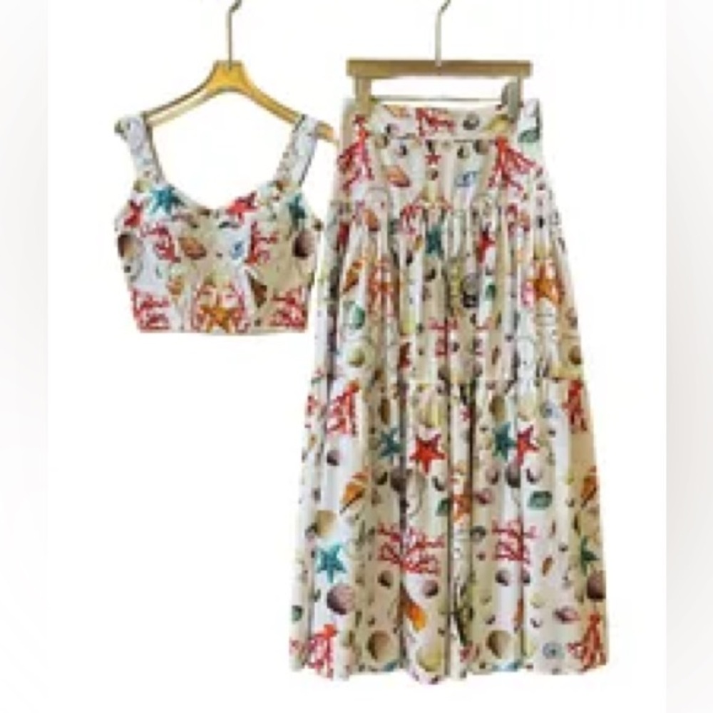 Commense White Floral Shell-Print Crop Top and Maxi Skirt Set - Picture 5 of 15